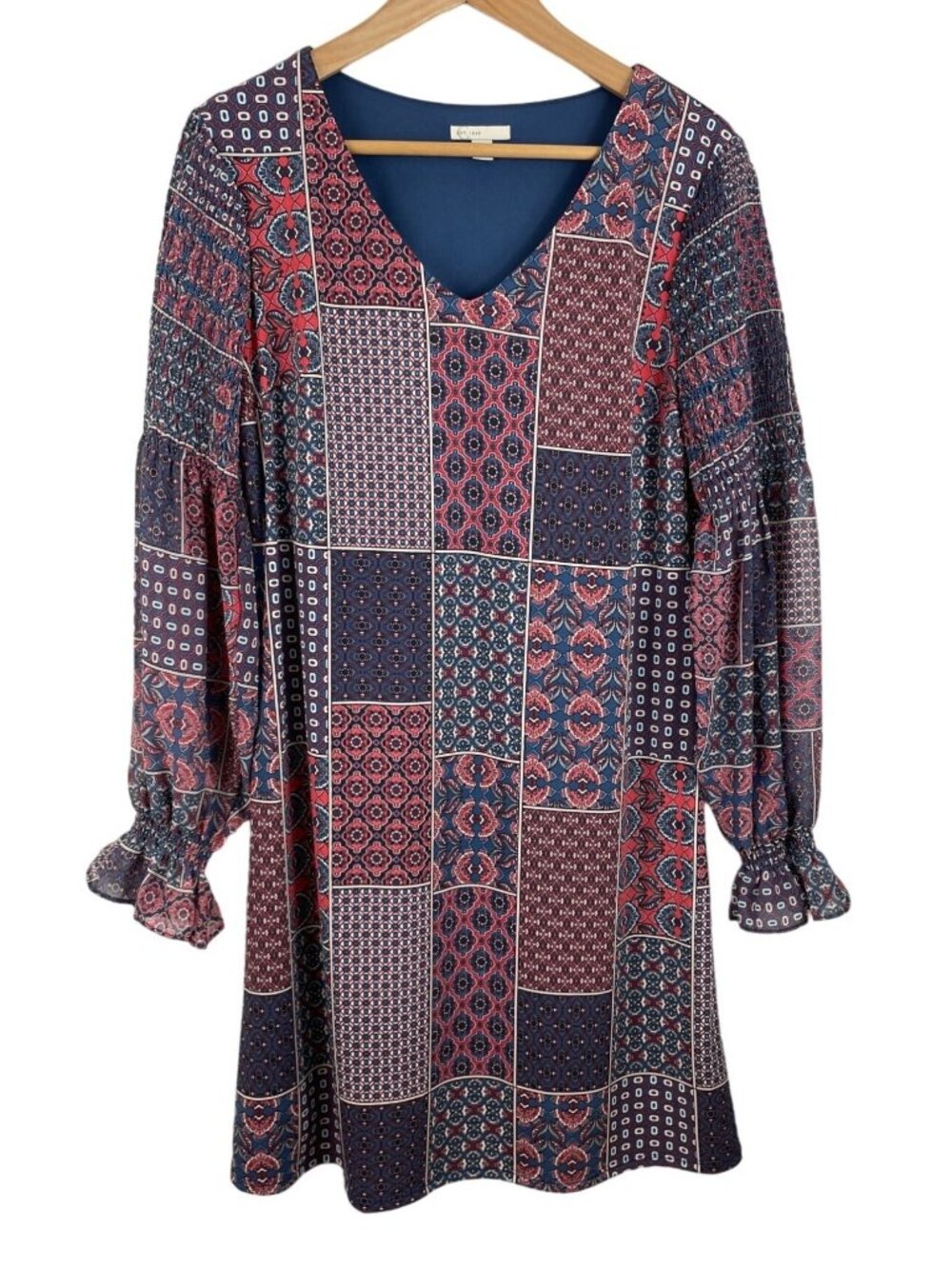 Cato Blue & Red Patchwork Long Balloon Sleeve Lined Dress Womens Size Small